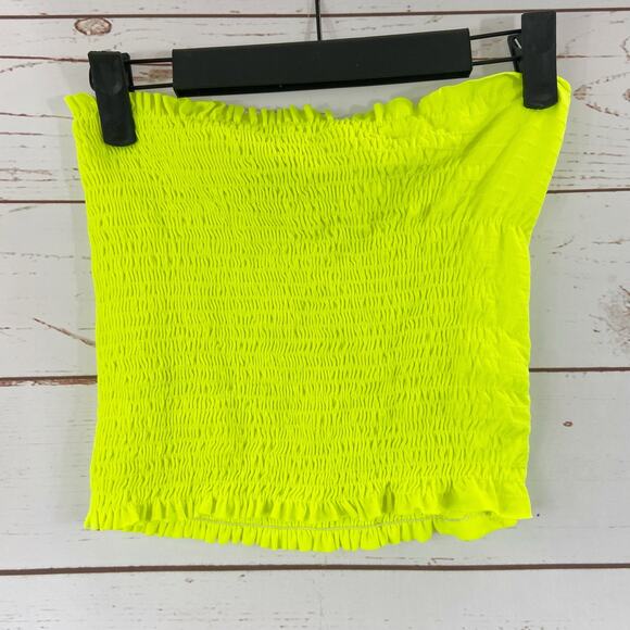 Windsor S/M Bright Neon Yellow Smocked Ruffle Trim Strapless Cropped Tube Top - Picture 2 of 6